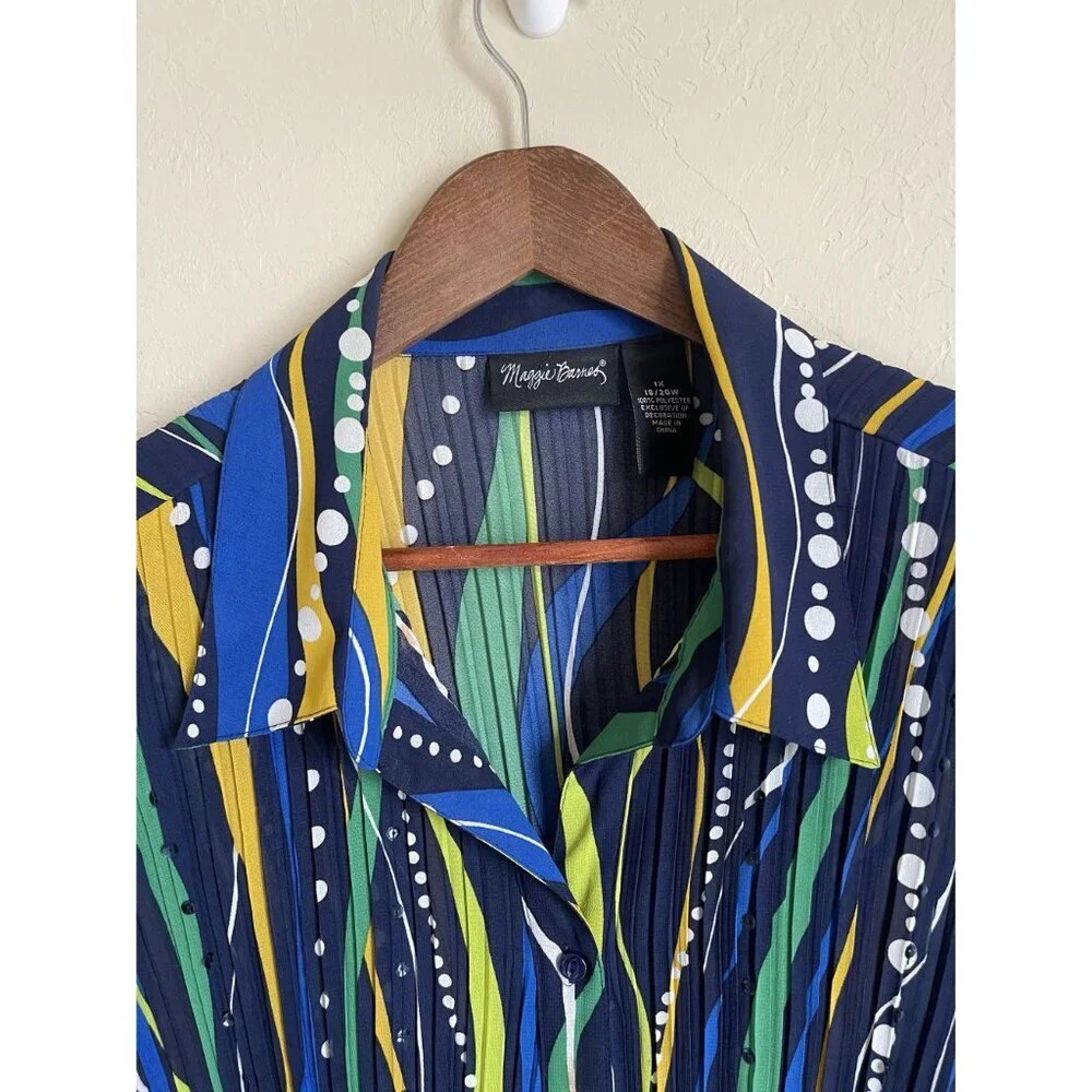 Maggie Barnes 1X Crinkle Collared Button Front Long Sleeve Shirt Cobalt Blue Yel